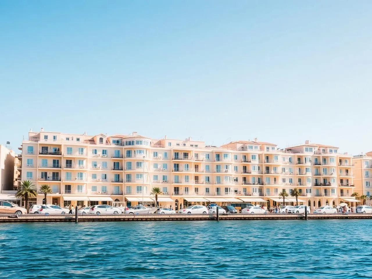 Apartment block on the Gzira waterfront in Malta with pale limestone facades