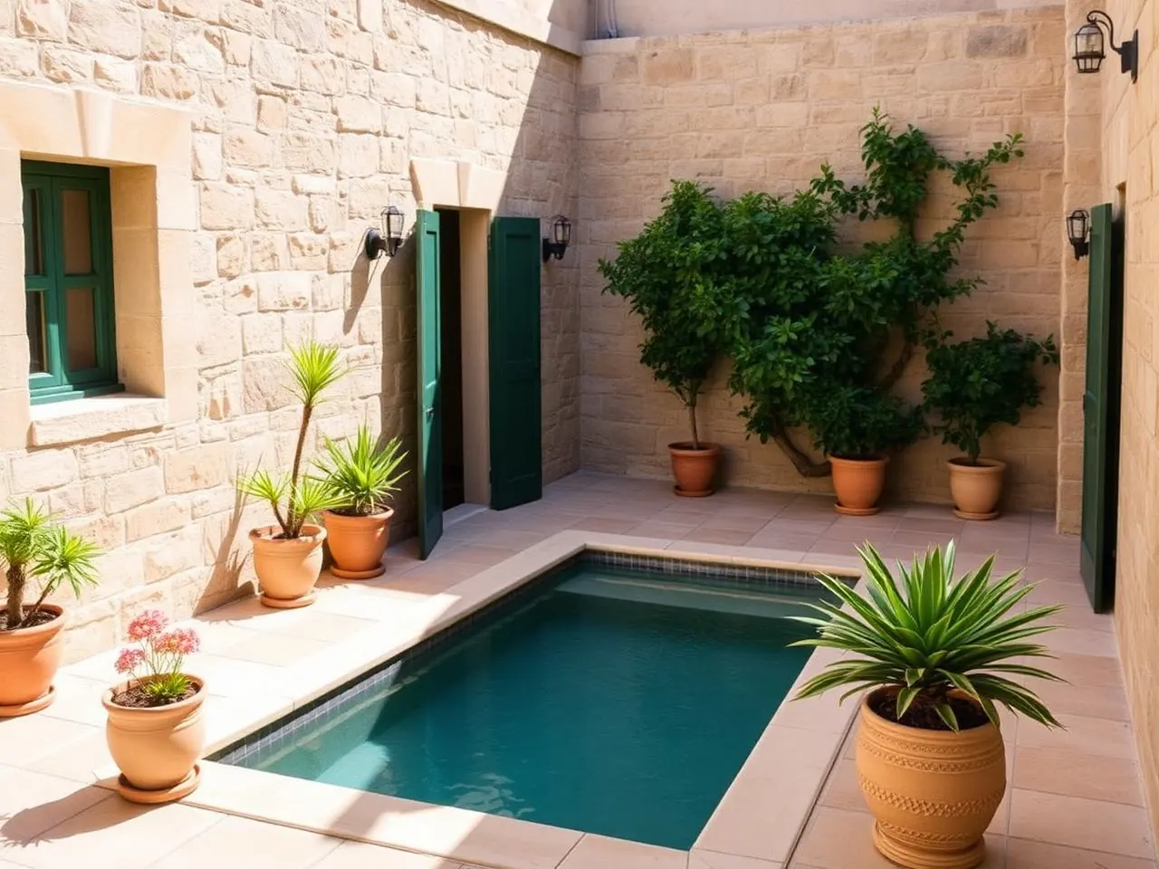 Courtyard plunge pool of a boutique guest house in the Three Cities, Malta, with limestone walls