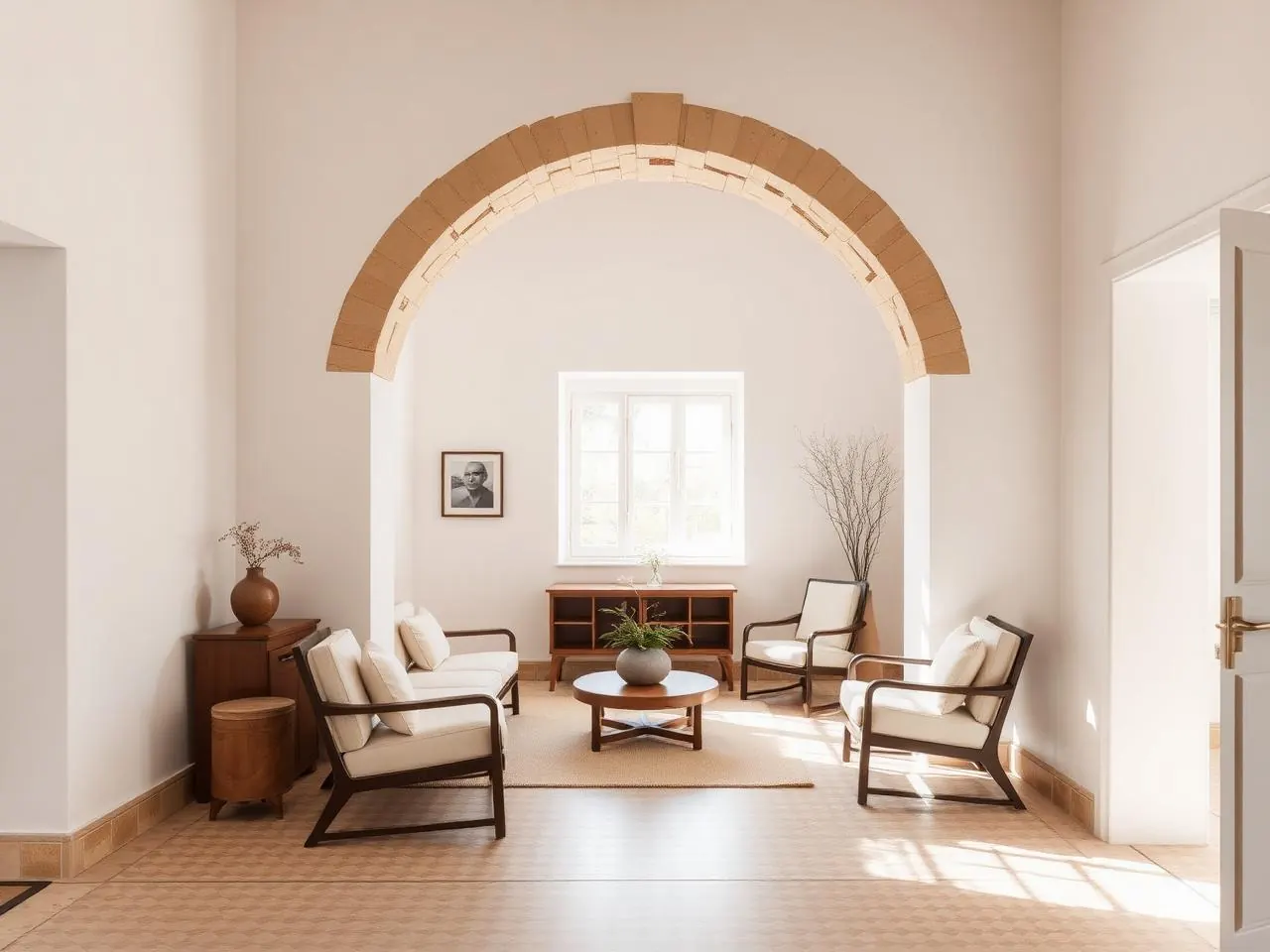 Interior of a house of character in Valletta, Malta, with a stone arch and patterned floor tiles