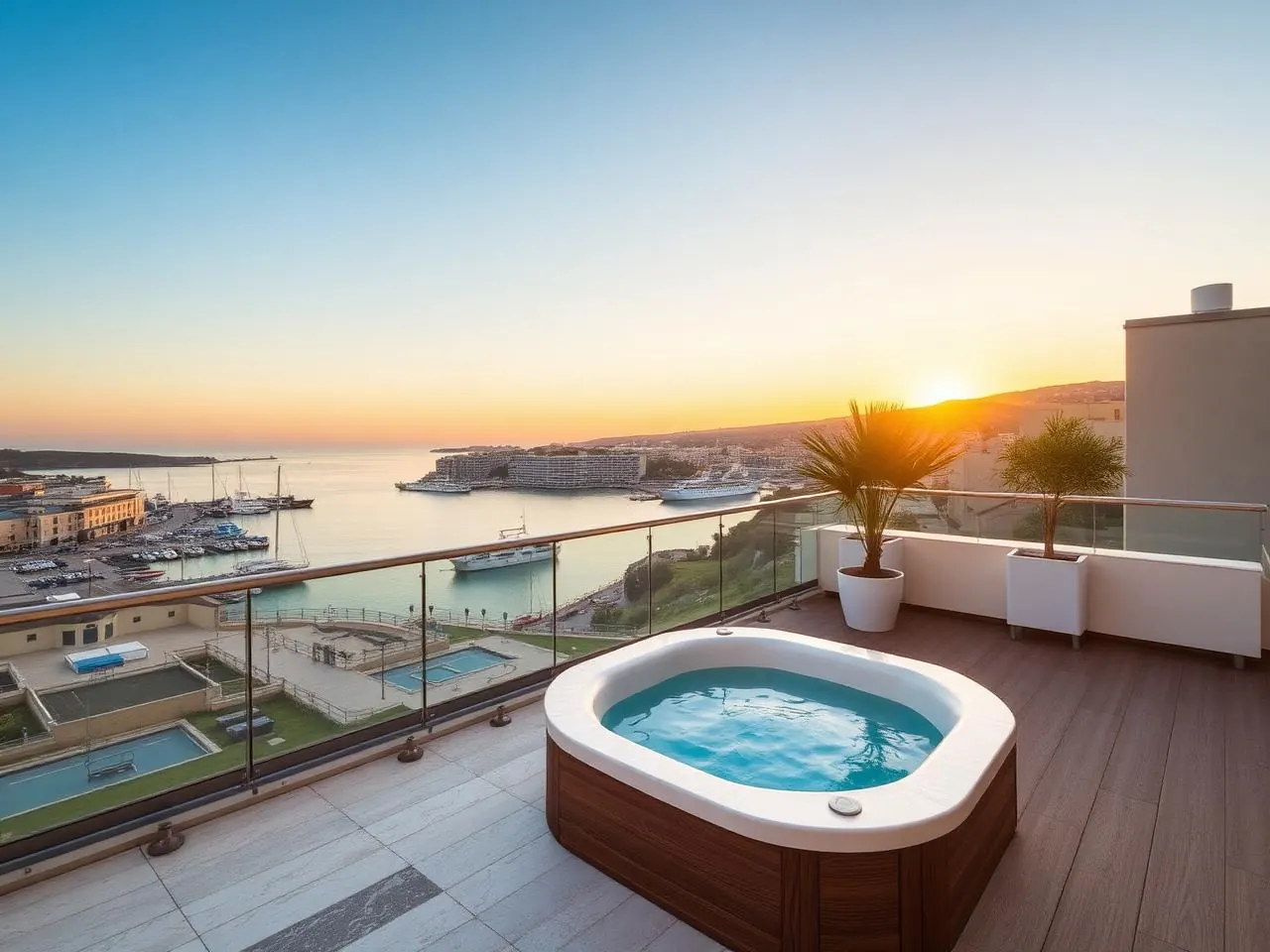 Rooftop terrace with a hot tub overlooking the Three Cities harbour in Malta